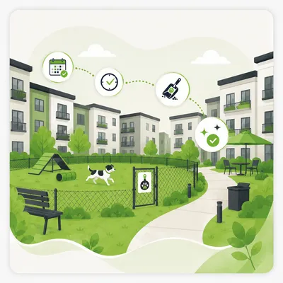Illustration of an apartment courtyard with a fenced dog area