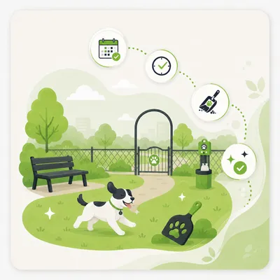Illustration of a public dog park with a waste station