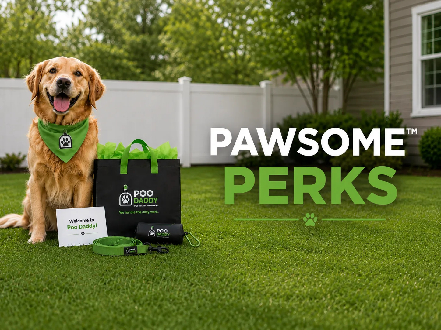 A golden retriever sitting next to a Poo Daddy welcome kit bag with a leash, waste bag dispenser, and welcome card on the grass, next to Pawsome Perks branding