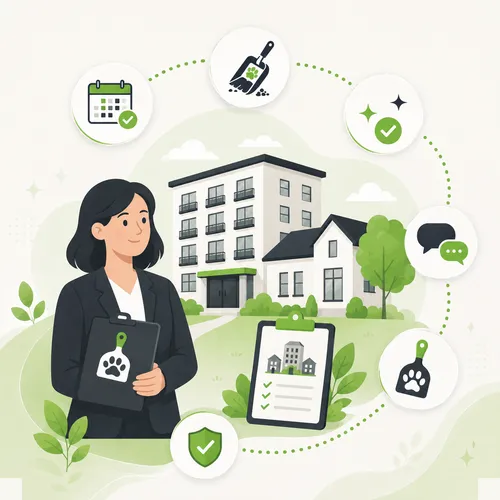 Illustration of a property manager reviewing a service checklist in front of managed properties