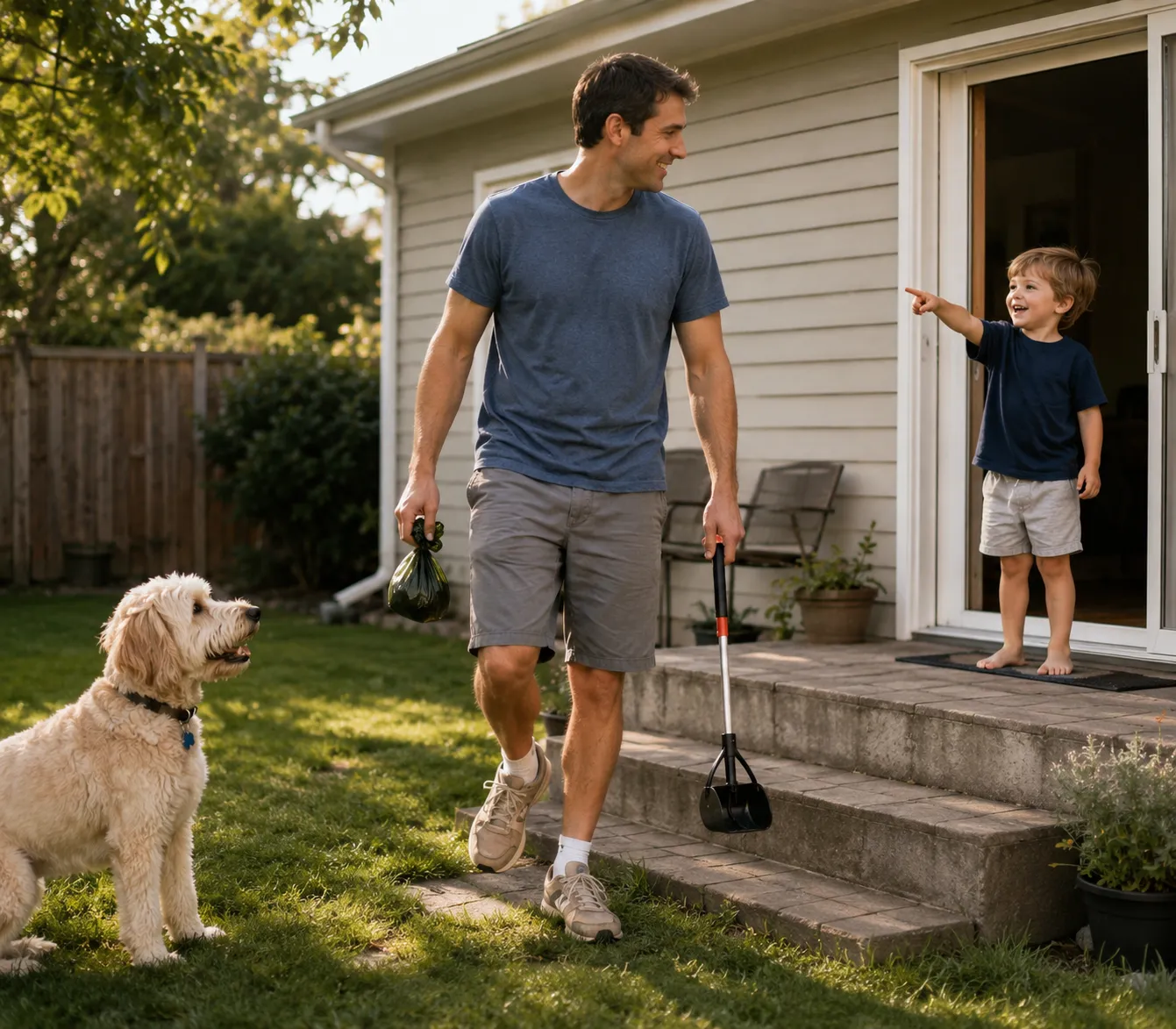 A dad heading out to clean up the yard, waste bag and scooper in hand, while his son points and calls out from the back door and their dog waits on the lawn