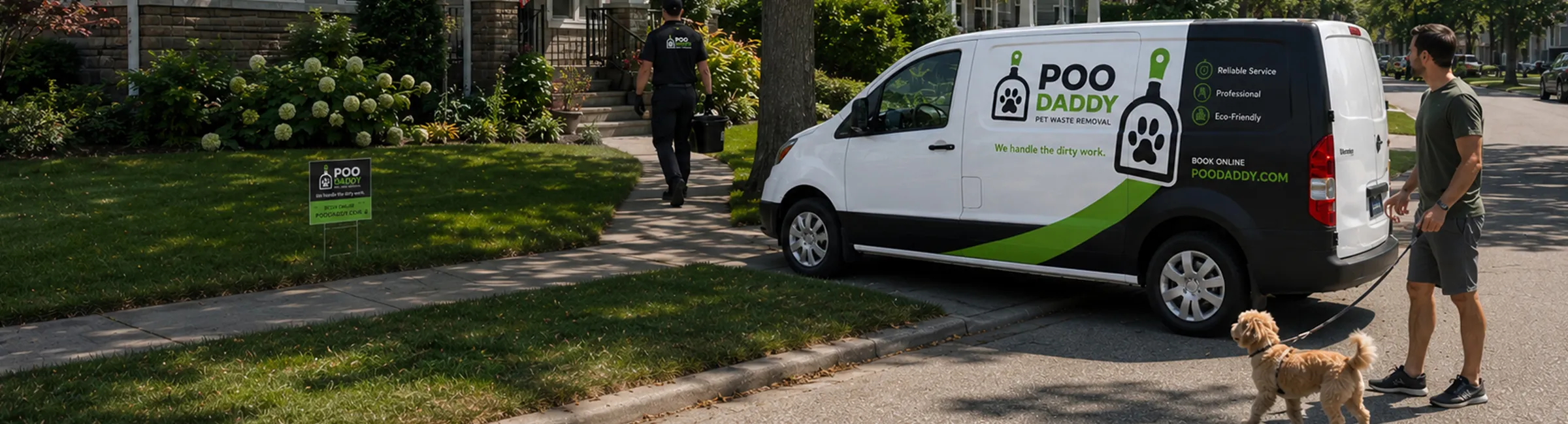 A branded Poo Daddy service van parked in a residential driveway, with a technician and a homeowner walking a dog nearby