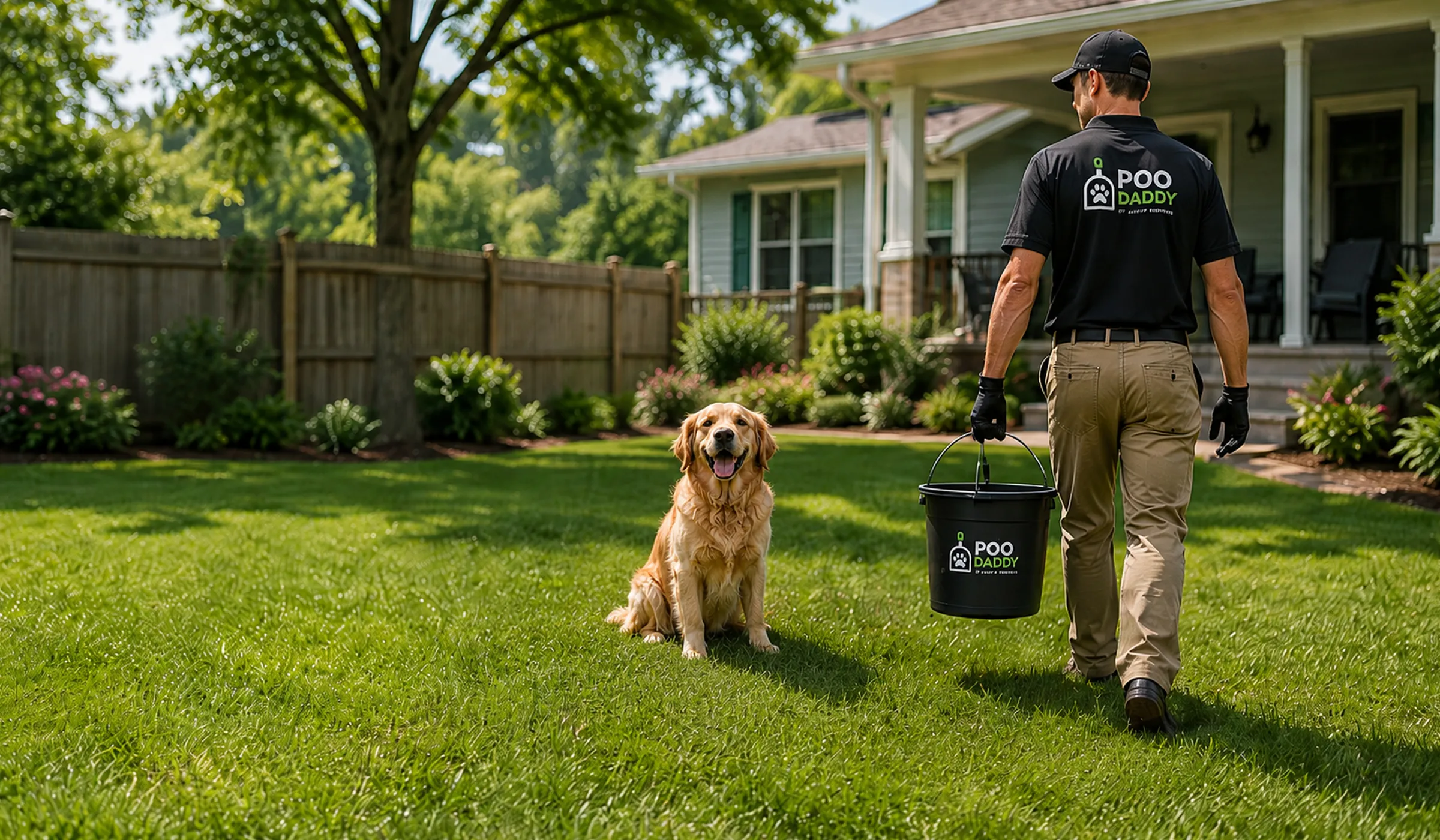 A Poo Daddy technician walking a happy golden retriever through a clean residential backyard