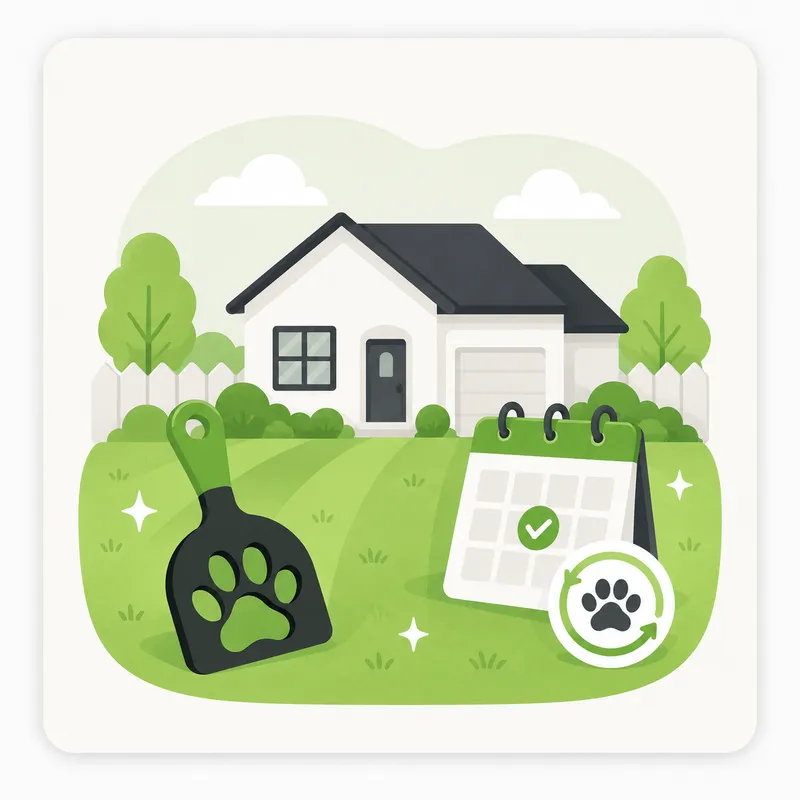 Illustration of a scooper and a calendar with a single checked day in front of a house, representing an initial cleanup