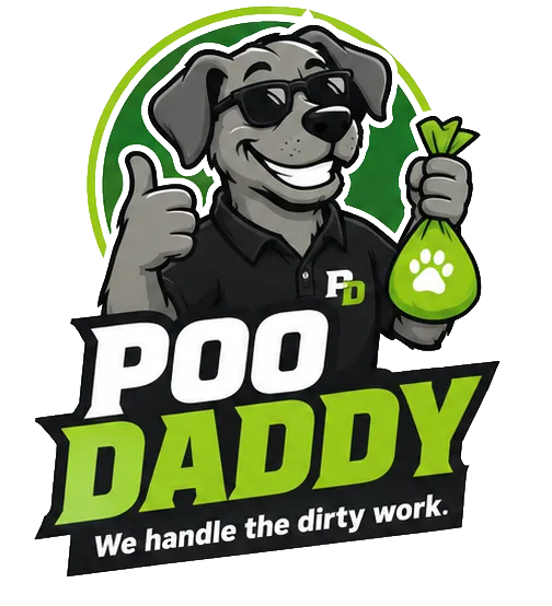 The Poo Daddy mascot: a cartoon dog in sunglasses giving a thumbs up and holding a bag of waste