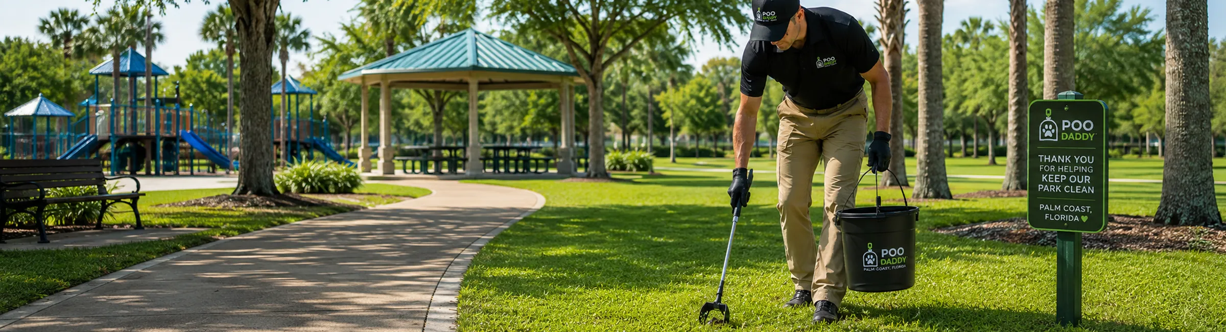A Poo Daddy technician cleaning up after pets in a community park, next to a park sign thanking visitors for keeping the park clean