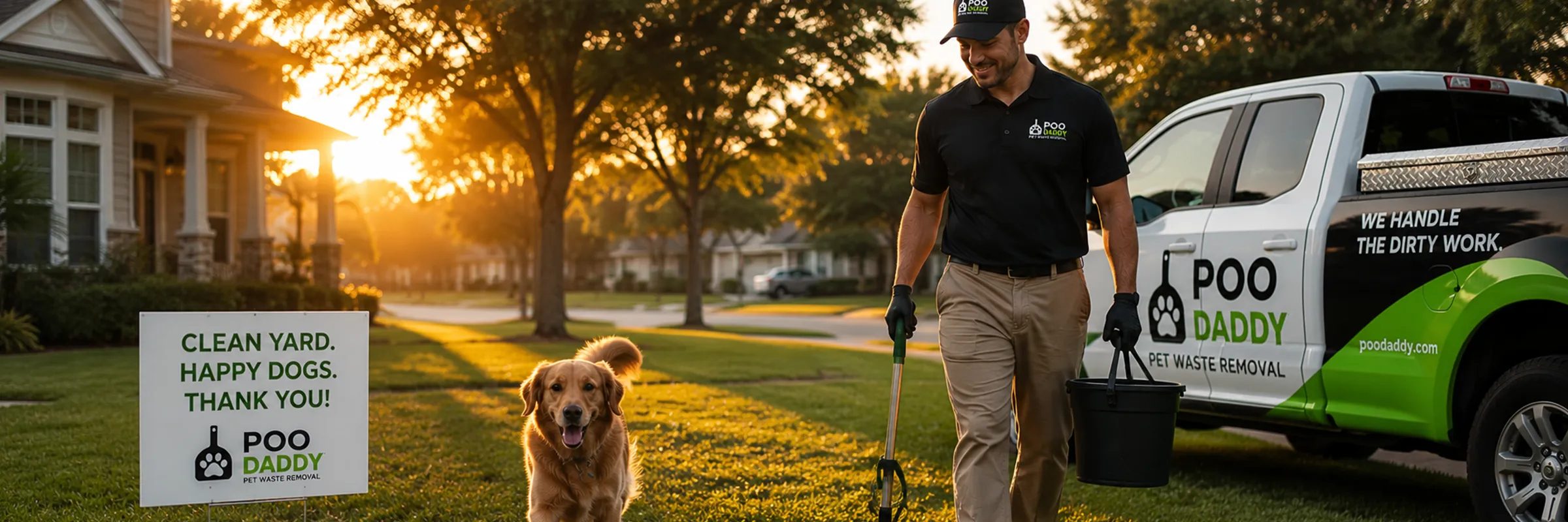 A Poo Daddy technician walking with his dog past the branded service truck at sunset, with a yard sign reading Clean Yard, Happy Dogs, Thank You
