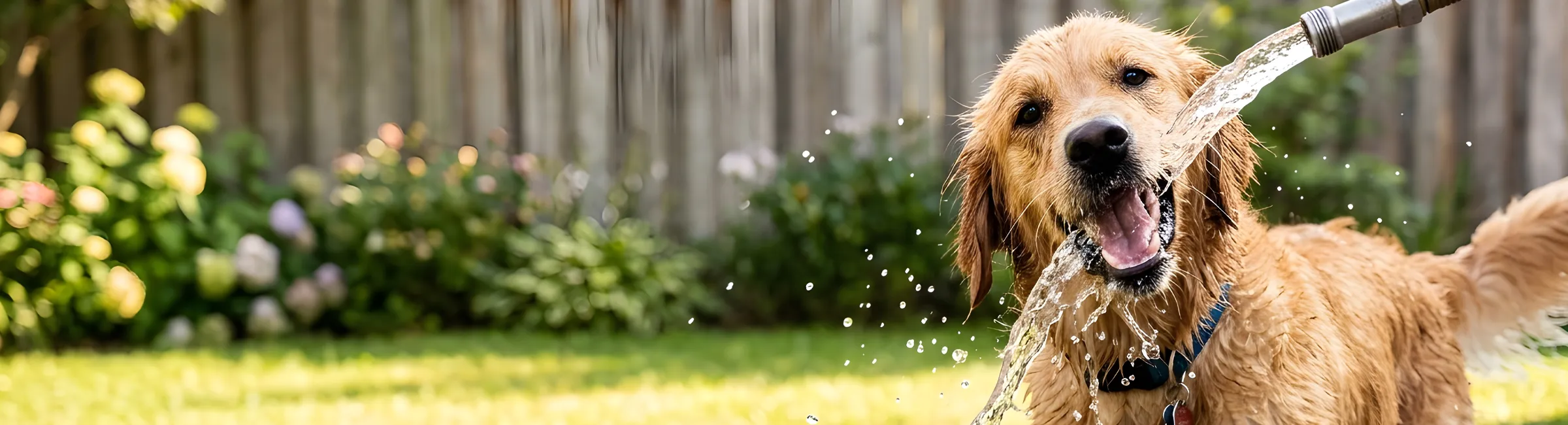 A happy family playing with their dog in a clean backyard