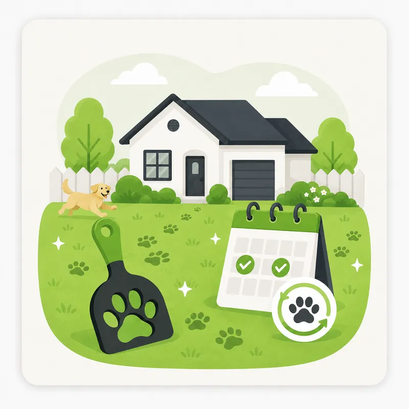 Illustration of a dog running in a yard next to a calendar with two checked days, representing twice-weekly cleanup