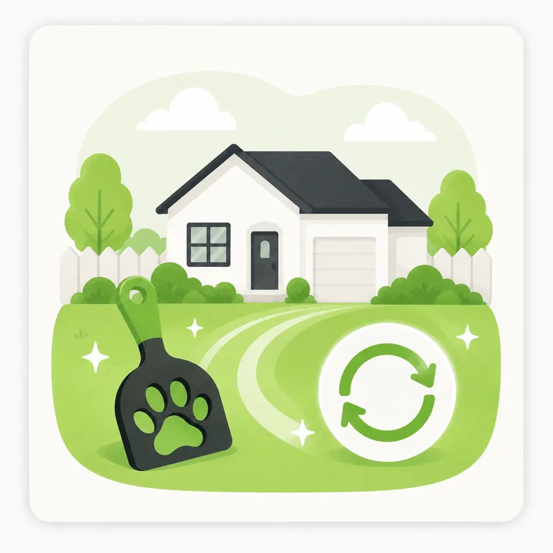 Illustration of a scooper and a recycling icon in front of a house, representing recurring weekly cleanup
